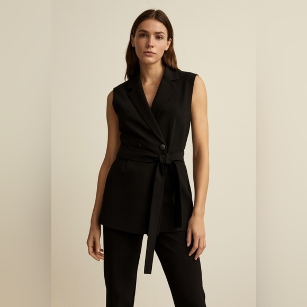 Layayette 148 Black Sleeveless Virgin Wool Double Breasted Belted Blazer  XL
